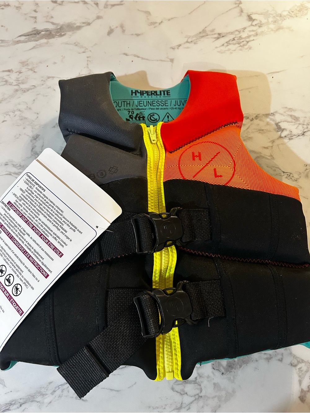 Hyperlite Youth Life Jacket - Teal, Black, Yellow & Orange Accent
